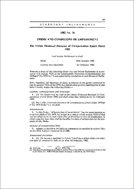 The Unfair Dismissal (Increase of Compensation Limit) Order 1982