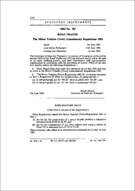 The Motor Vehicles (Tests) (Amendment) Regulations 1982