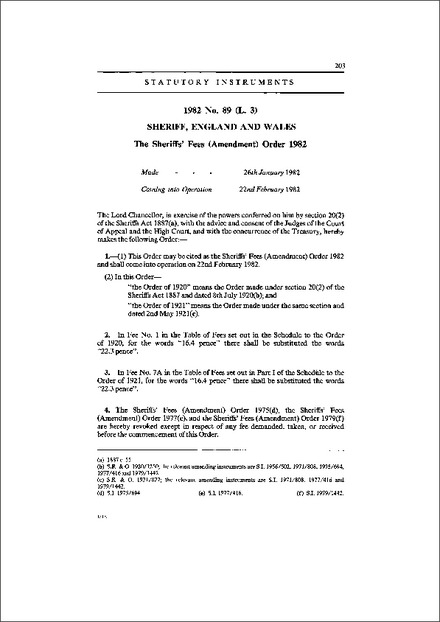 The Sheriffs' Fees (Amendment) Order 1982