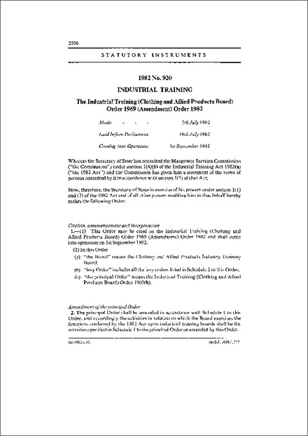 The Industrial Training (Clothing and Allied Products Board) Order 1969 (Amendment) Order 1982