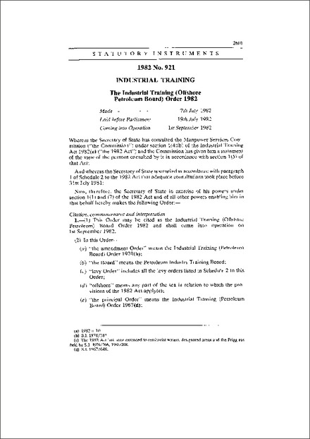 The Industrial Training (Offshore Petroleum Board) Order 1982
