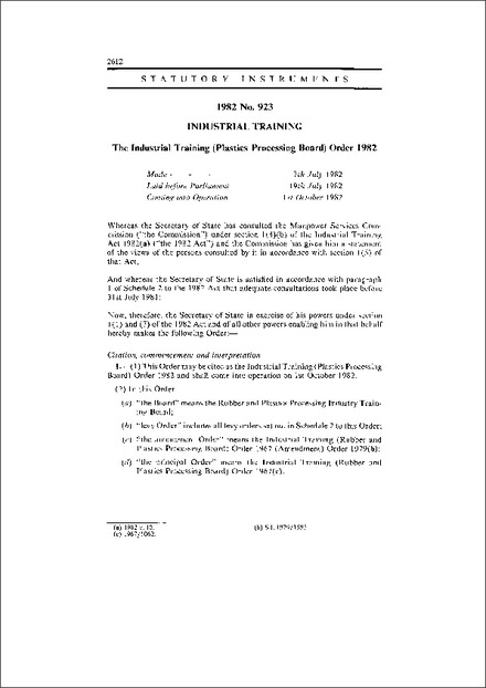 The Industrial Training (Plastics Processing Board) Order 1982
