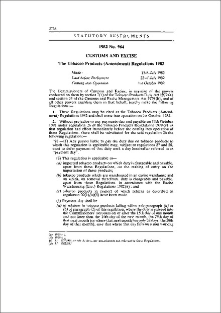 The Tobacco Products (Amendment) Regulations 1982