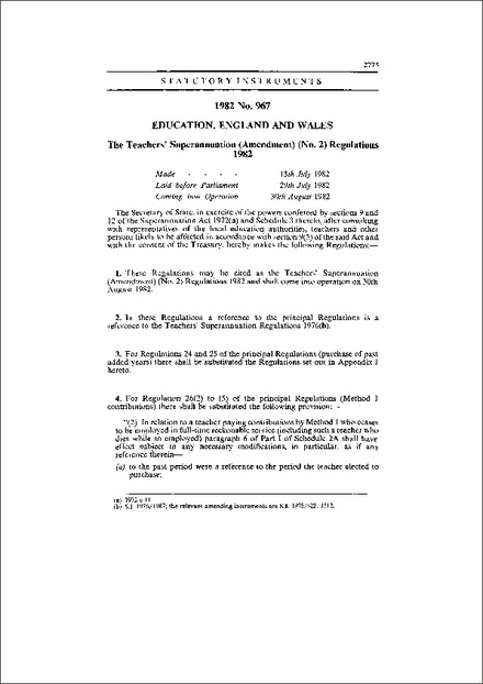 The Teachers' Superannuation (Amendment) (No. 2) Regulations 1982