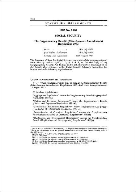 The Supplementary Benefit (Miscellaneous Amendments) Regulations 1983