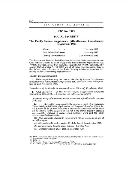 The Family Income Supplements (Miscellaneous Amendments) Regulations 1983