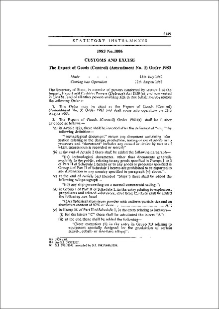 The Export of Goods (Control) (Amendment No. 3) Order 1983