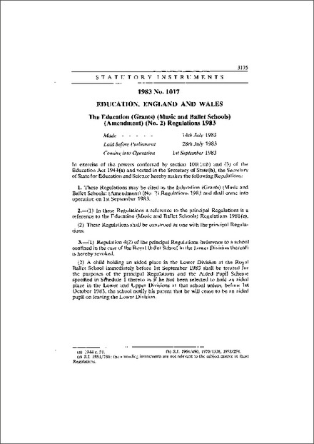 The Education (Grants) (Music and Ballet Schools) (Amendment) (No. 2) Regulations 1983