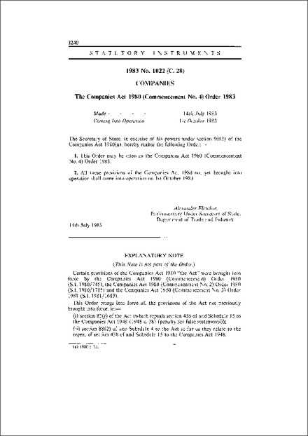 The Companies Act 1980 (Commencement No. 4) Order 1983