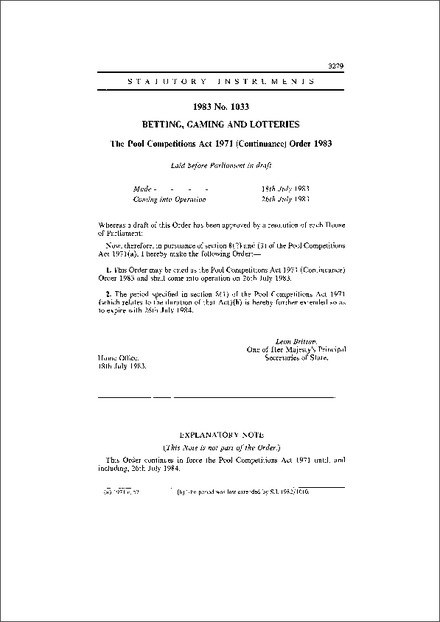 The Pool Competitions Act 1971 (Continuance) Order 1983