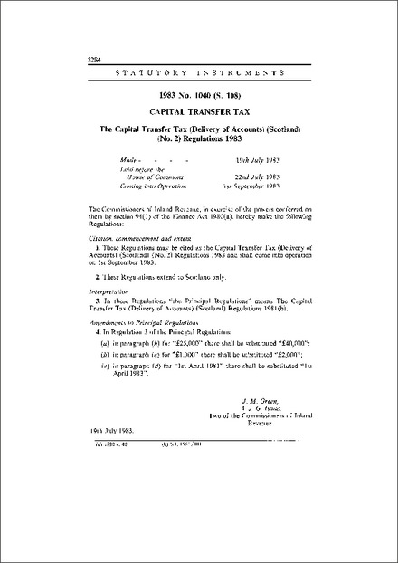 The Capital Transfer Tax (Delivery of Accounts) (Scotland) (No. 2) Regulations 1983