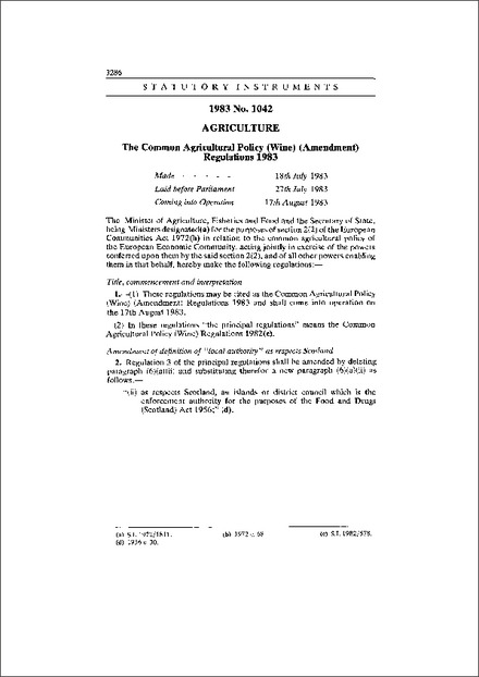 The Common Agricultural Policy (Wine) (Amendment) Regulations 1983