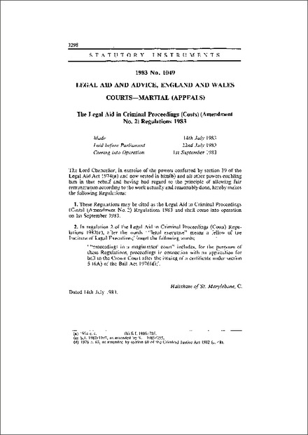 The Legal Aid in Criminal Proceedings (Costs) (Amendment No. 2) Regulations 1983