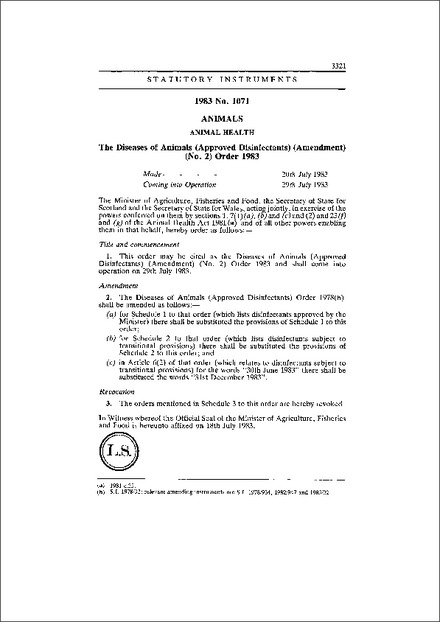 The Diseases of Animals (Approved Disinfectants) (Amendment) (No. 2) Order 1983
