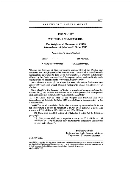 The Weights and Measures Act 1963 (Amendment of Schedule 3) Order 1983