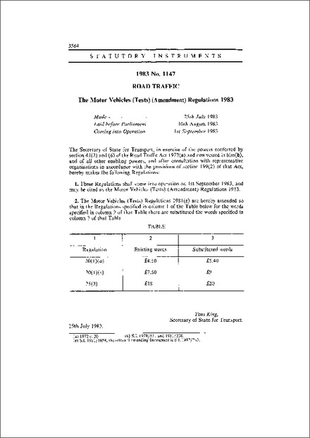 The Motor Vehicles (Tests) (Amendment) Regulations 1983