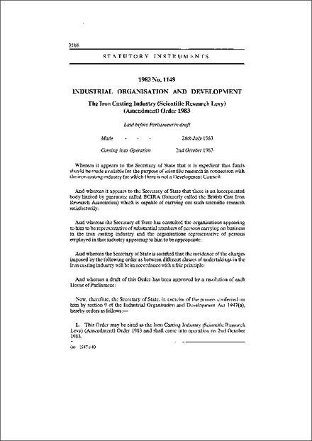 The Iron Casting Industry (Scientific Research Levy) (Amendment) Order 1983