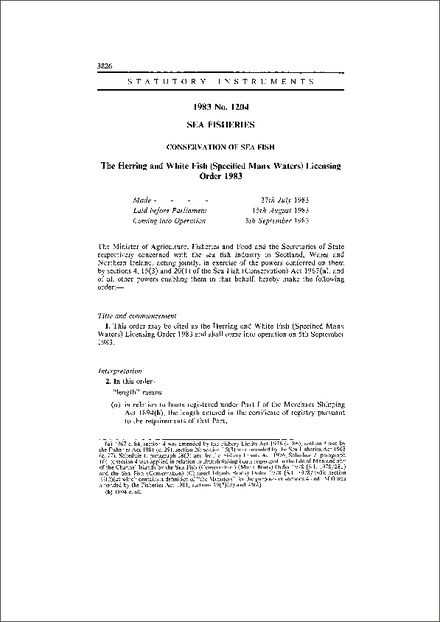 The Herring and White Fish (Specified Manx Waters) Licensing Order 1983