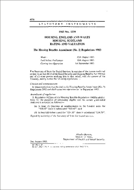 The Housing Benefits Amendment (No. 2) Regulations 1983
