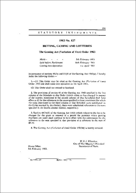 The Gaming Act (Variation of Fees) Order 1983