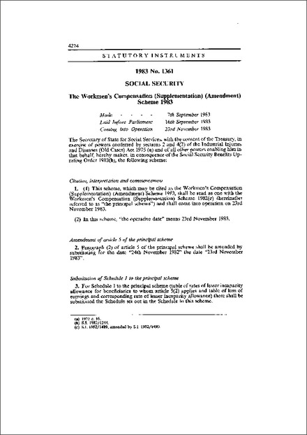 The Workmen's Compensation (Supplementation) (Amendment) Scheme 1983