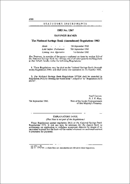 The National Savings Bank (Amendment) Regulations 1983