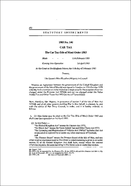 The Car Tax (Isle of Man) Order 1983