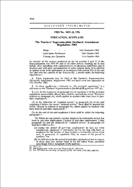 The Teachers' Superannuation (Scotland) Amendment Regulations 1983