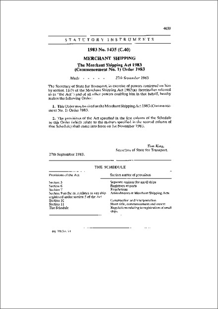 The Merchant Shipping Act 1983 (Commencement No. 1) Order 1983