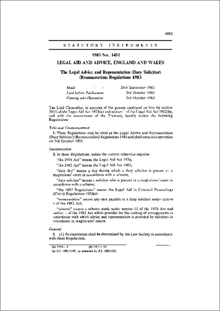 The Legal Advice and Representation (Duty Solicitor) (Remuneration) Regulations 1983