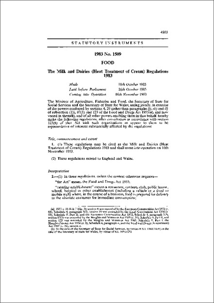 The Milk and Dairies (Heat Treatment of Cream) Regulations 1983