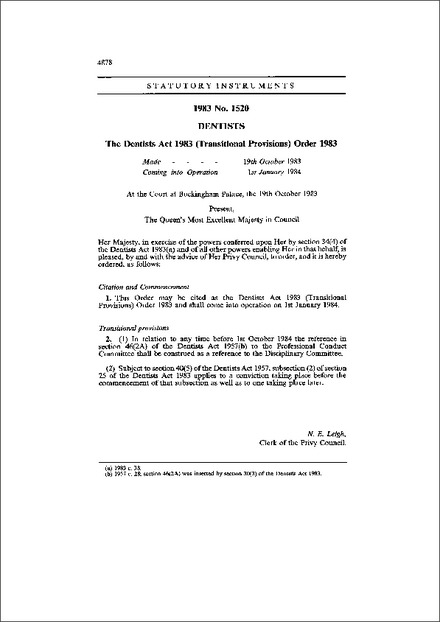 The Dentists Act 1983 (Transitional Provisions) Order 1983