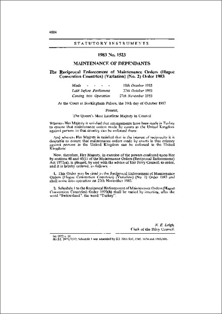 The Reciprocal Enforcement of Maintenance Orders (Hague Convention Countries) (Variation) (No. 2) Order 1983