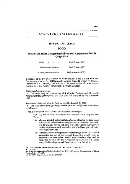The Milk (Special Designations) (Scotland) Amendment (No. 2) Order 1983