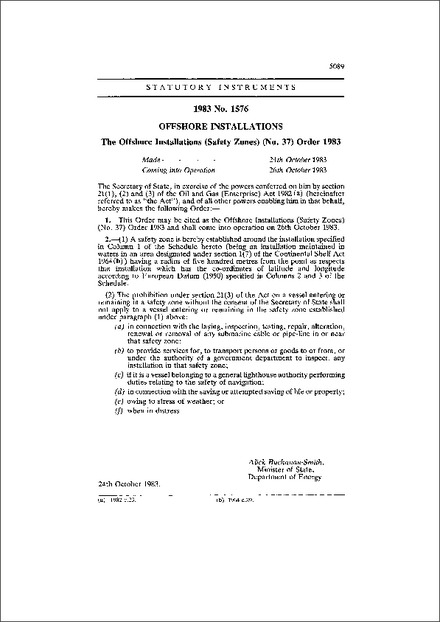 The Offshore Installations (Safety Zones) (No. 37) Order 1983