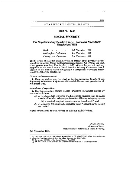 The Supplementary Benefit (Single Payments) Amendment Regulations 1983