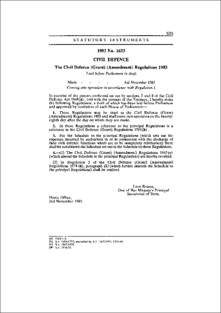 The Civil Defence (Grant) (Amendment) Regulations 1983