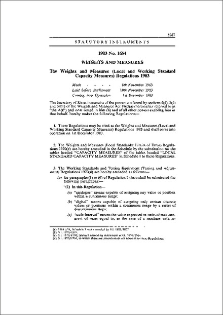 The Weights and Measures (Local and Working Standard Capacity Measures) Regulations 1983