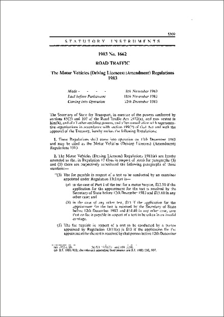 The Motor Vehicles (Driving Licences) (Amendment) Regulations 1983