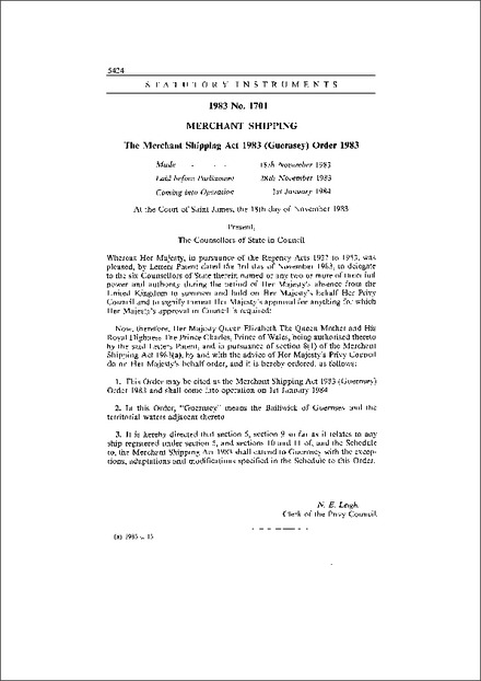 The Merchant Shipping Act 1983 (Guernsey) Order 1983