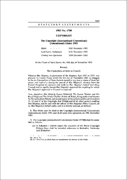 The Copyright (International Conventions) (Amendment) Order 1983