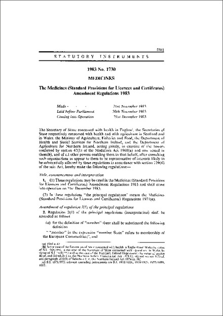 The Medicines (Standard Provisions for Licences and Certificates) Amendment Regulations 1983