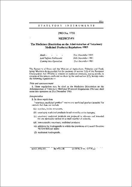 The Medicines (Restriction on the Administration of Veterinary Medicinal Products) Regulations 1983