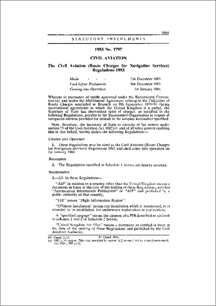 The Civil Aviation (Route Charges for Navigation Services) Regulations 1983