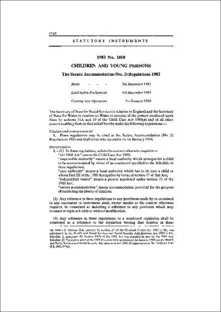 The Secure Accommodation (No. 2) Regulations 1983
