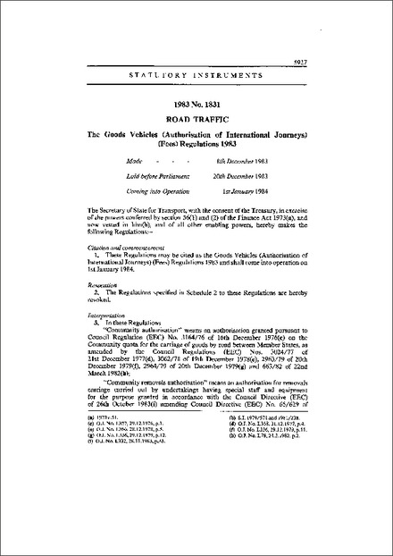 The Goods Vehicles (Authorisation of International Journeys) (Fees) Regulations 1983