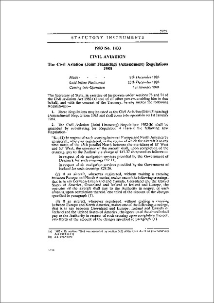 The Civil Aviation (Joint Financing) (Amendment) Regulations 1983
