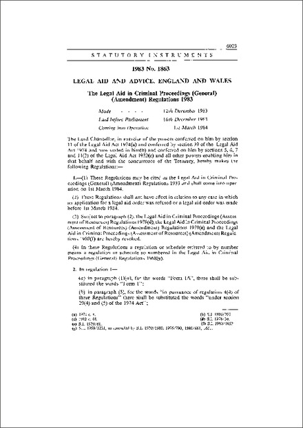 The Legal Aid in Criminal Proceedings (General) (Amendment) Regulations 1983