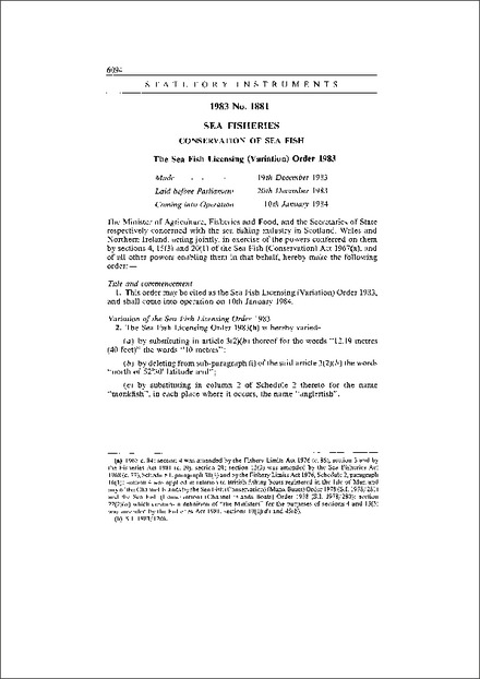 The Sea Fish Licensing (Variation) Order 1983