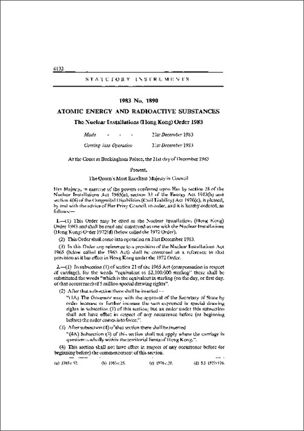 The Nuclear Installations (Hong Kong) Order 1983
